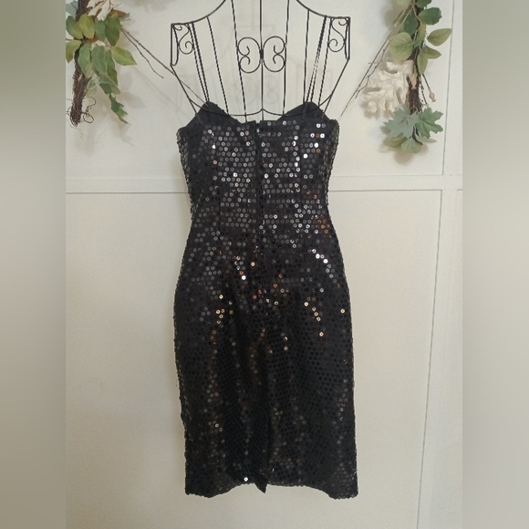 Vintage Glam 80's Spaghetti Strap Black Sequined Sexy Cocktail Dress Size - Picture 3 of 5